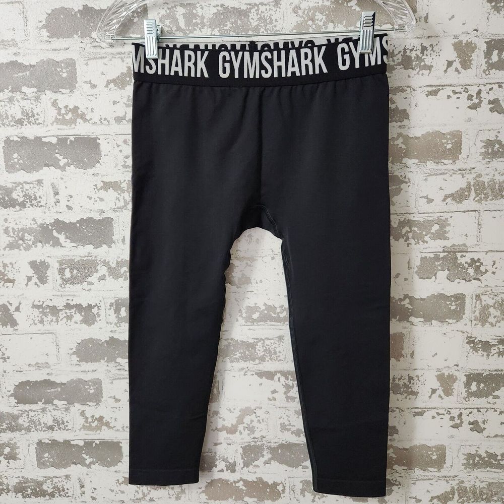 Gymshark Womens Flex Legging Black Dry Seamless Low Rise White Logo